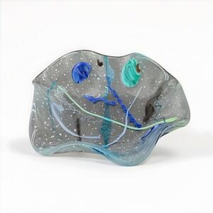 Studio Art Glass Bowl 7.75" Freeform Amoeba Blue Green Bubbles Hand Blown